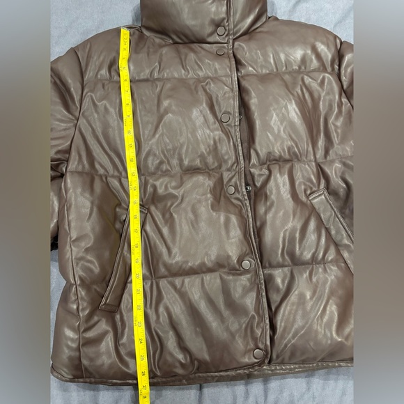 Zara Blogger Chocolate Brown Faux Leather Puffer Jacket Size L - Picture 12 of 17